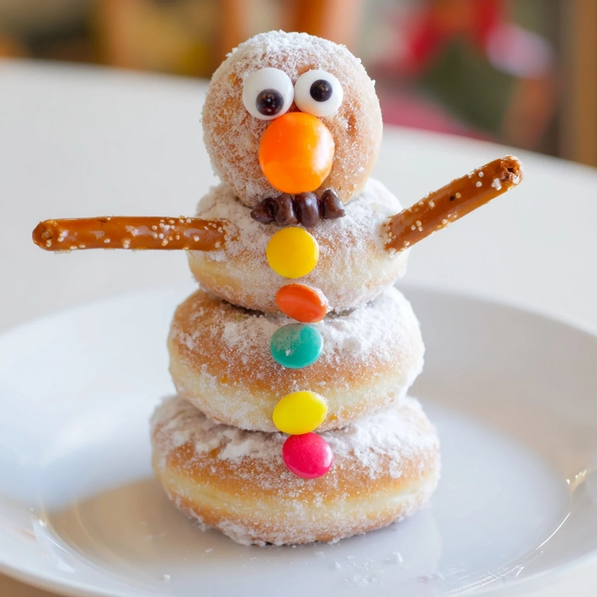 Easy-to-make mini donut snowman recipe, perfectly stacked and colorful for a festive snack.