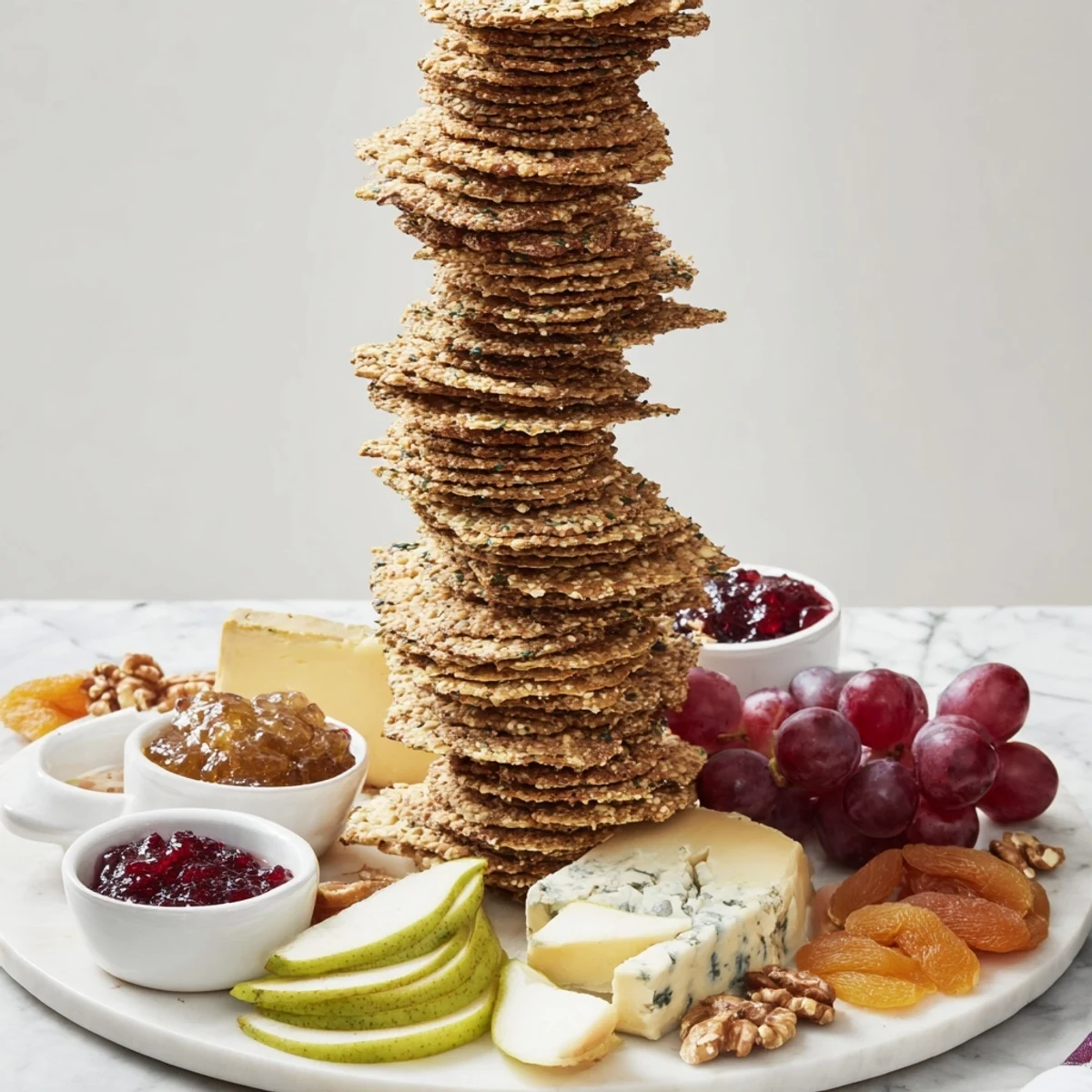 Enjoy this simple yet elegant arrangement of Gourmet Crackers, perfect for entertaining guests with tasty bites.
