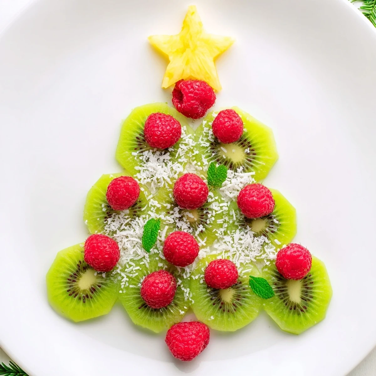 Christmas Tree fruit plate with bright kiwi, red raspberries, and orange star!