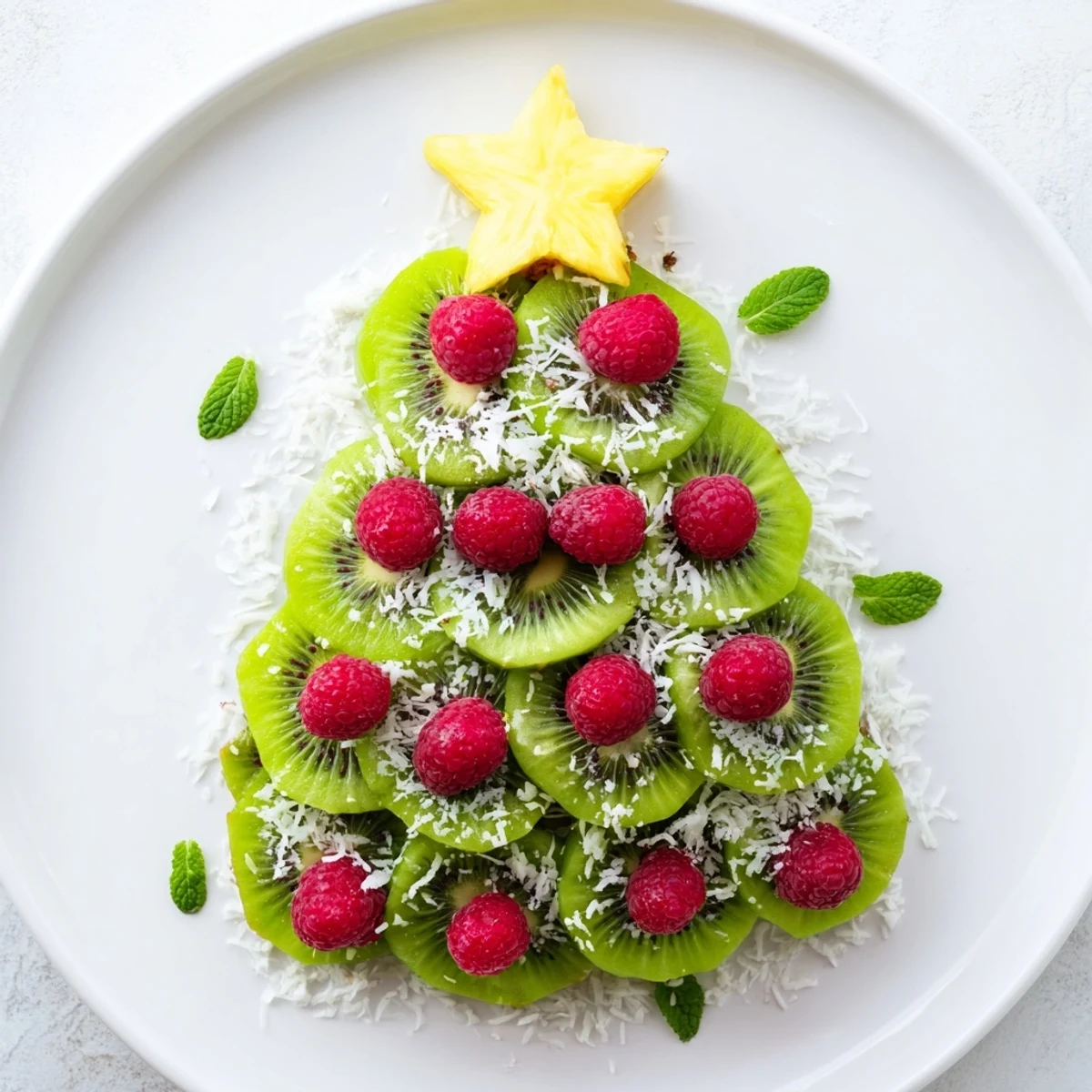 Vibrant arrangement: Sliced kiwi and juicy raspberries form a delicious Christmas tree fruit plate.