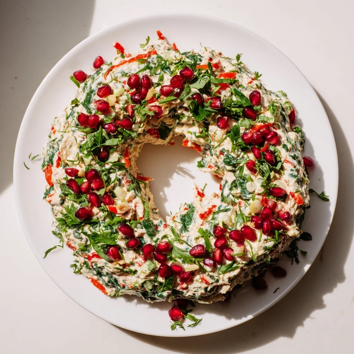 Festive red pepper and spinach dip wreath, creamy and ready to be scooped with crackers for guests.