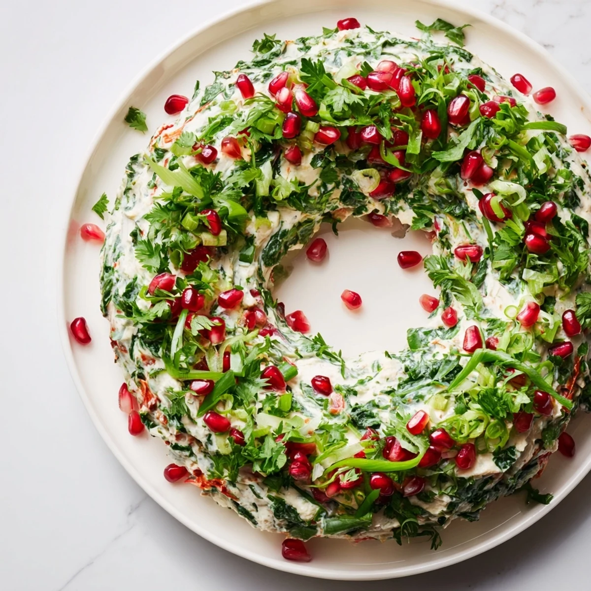 Vibrant holiday wreath of red pepper and spinach dip, garnished with parsley and pomegranate, perfect appetizer.