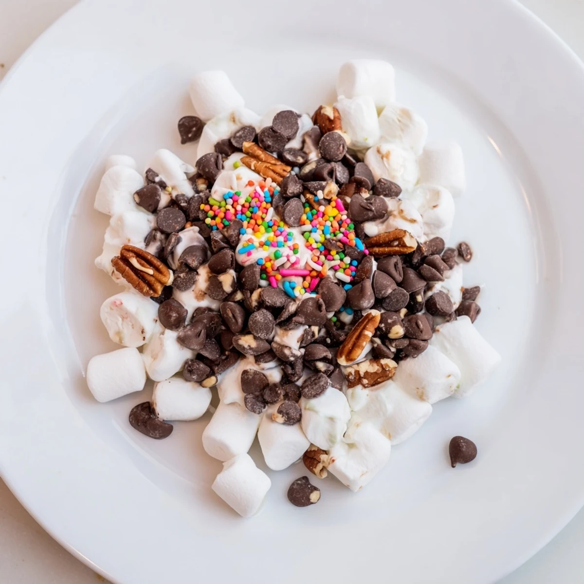 Warm and melty, this chocolate chips and mini marshmallows heap offers a sweet dessert.