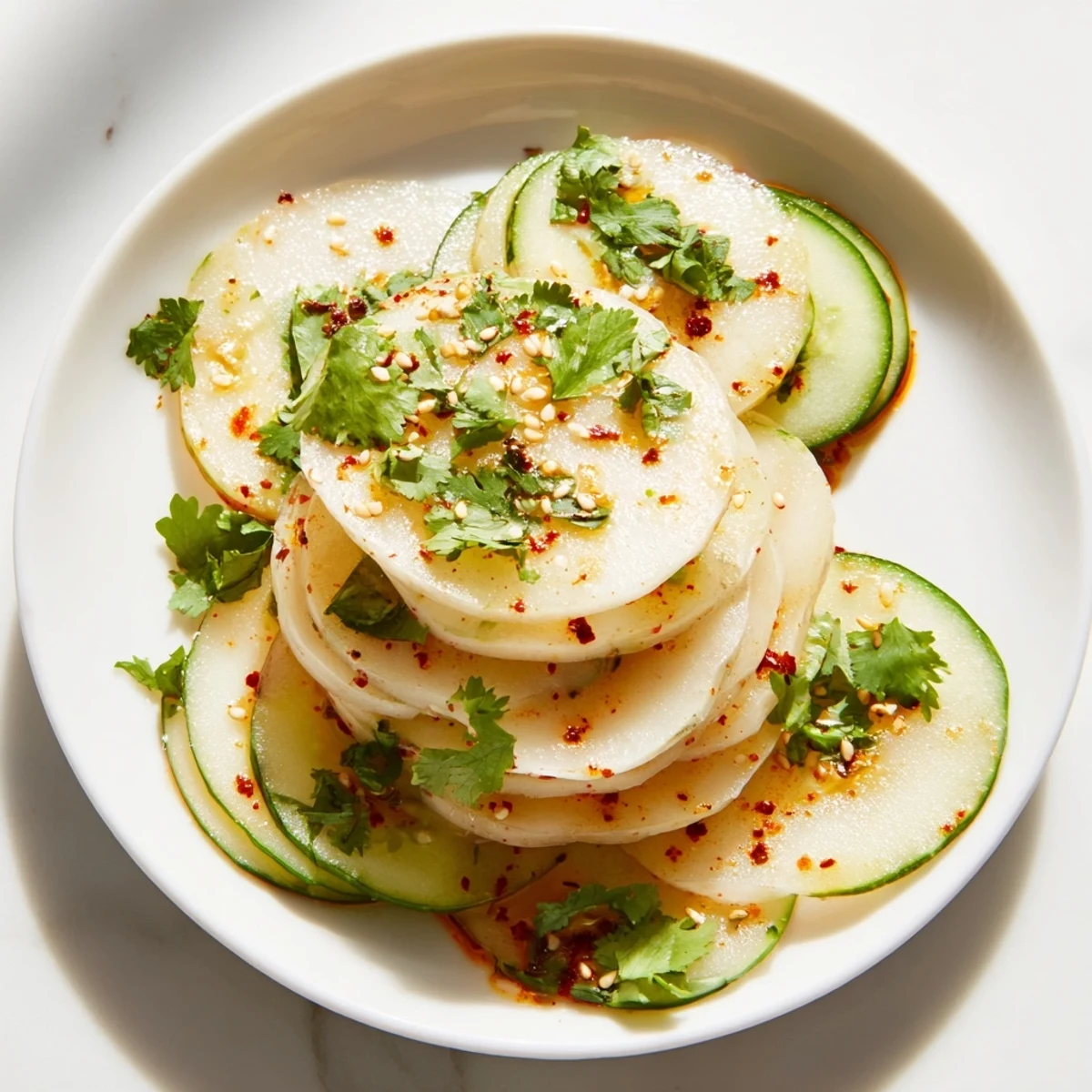 Crisp, layered Jicama and Cucumber Slice Stack, drizzled with zesty lime-chili dressing, perfect appetizer.