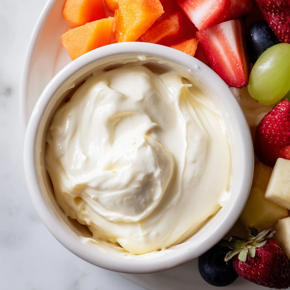 Creamy, sweet cream cheese fruit dip in a decorative bowl, surrounded by colorful, fresh fruit.