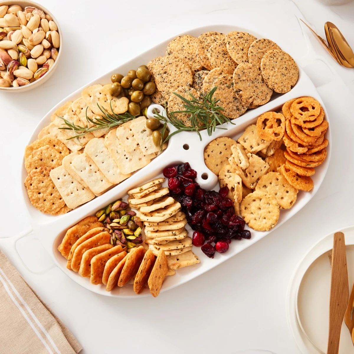 Festive holiday crackers arranged on a platter, showcasing a delightful variety of textures and flavors.