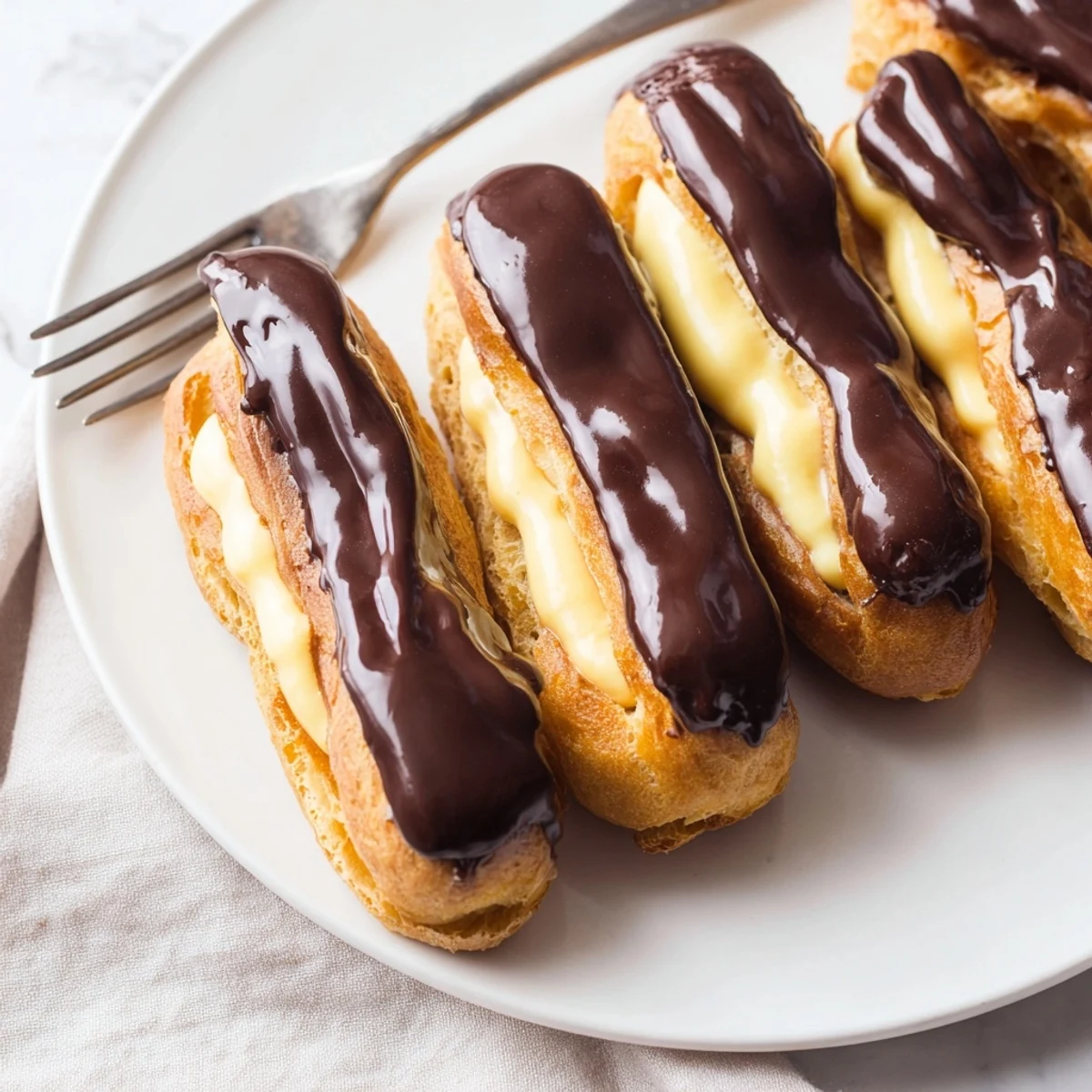 Rows of miniature chocolate éclairs with glossy glaze, a perfect dessert centerpiece.