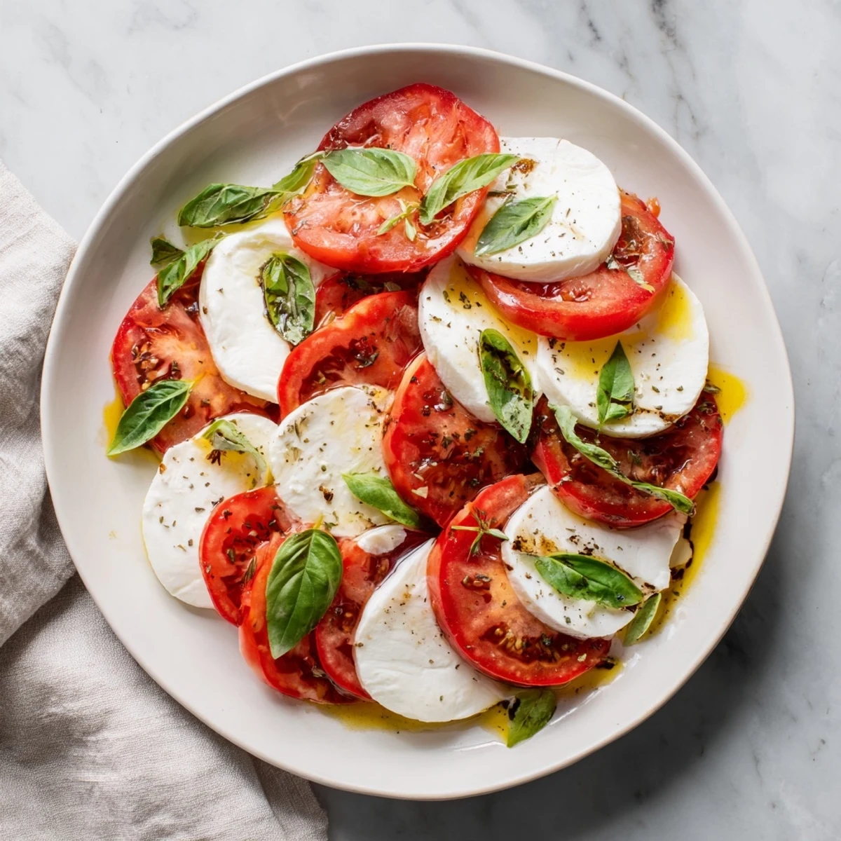 Sliced Tomatoes and Mozzarella Rounds arranged with fresh basil, ready for a delicious Italian appetizer.
