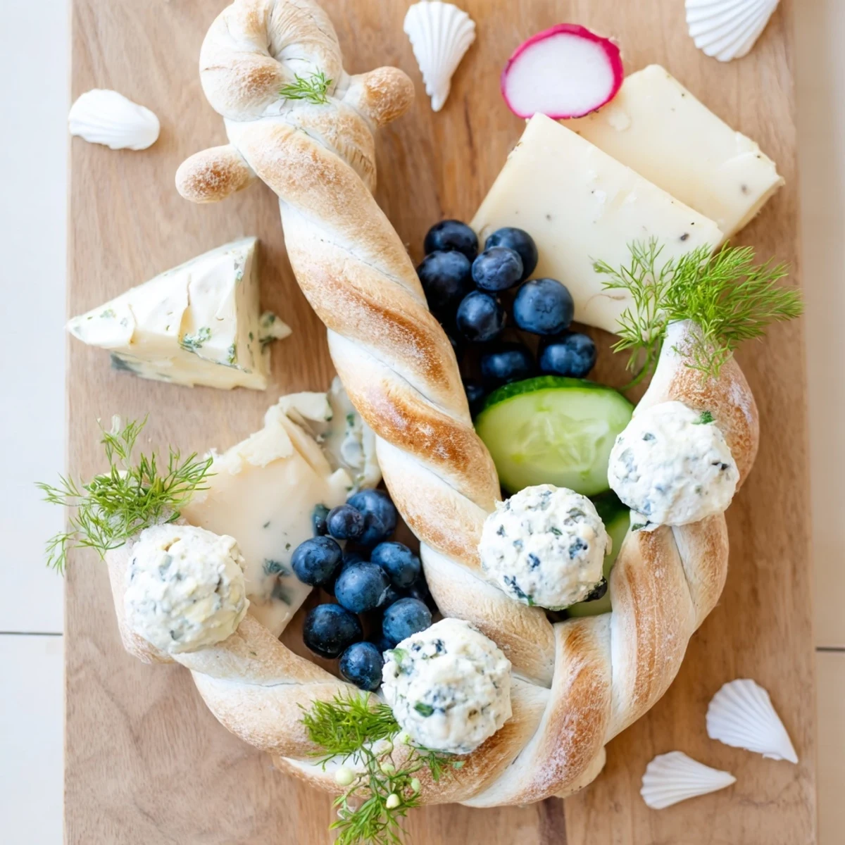 A visually appealing The Anchor Maritime Board appetizer, featuring a nautical anchor shape created with pretzels.