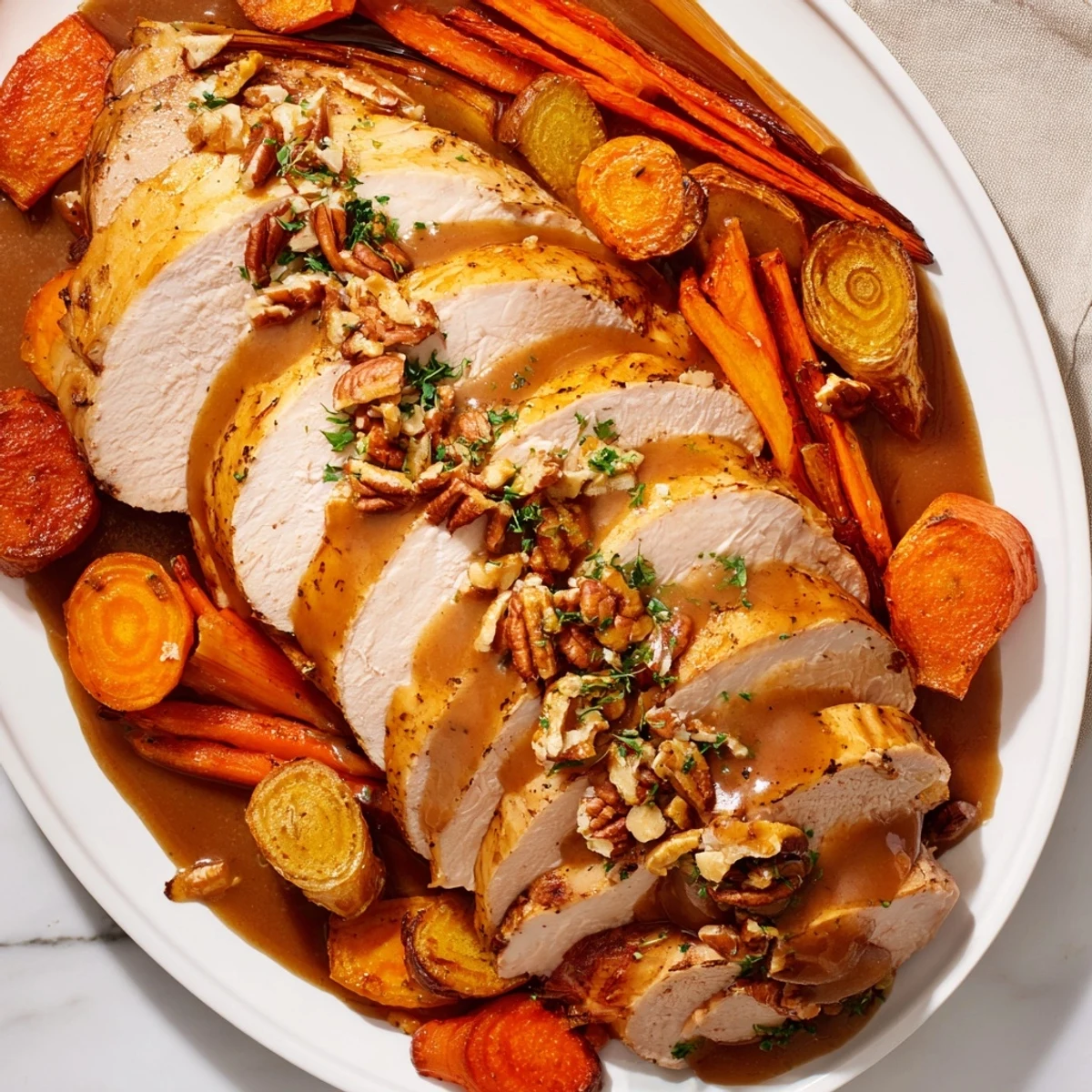 Golden-brown Chains of the Mayflower on a platter, showcasing roasted turkey and vegetables.
