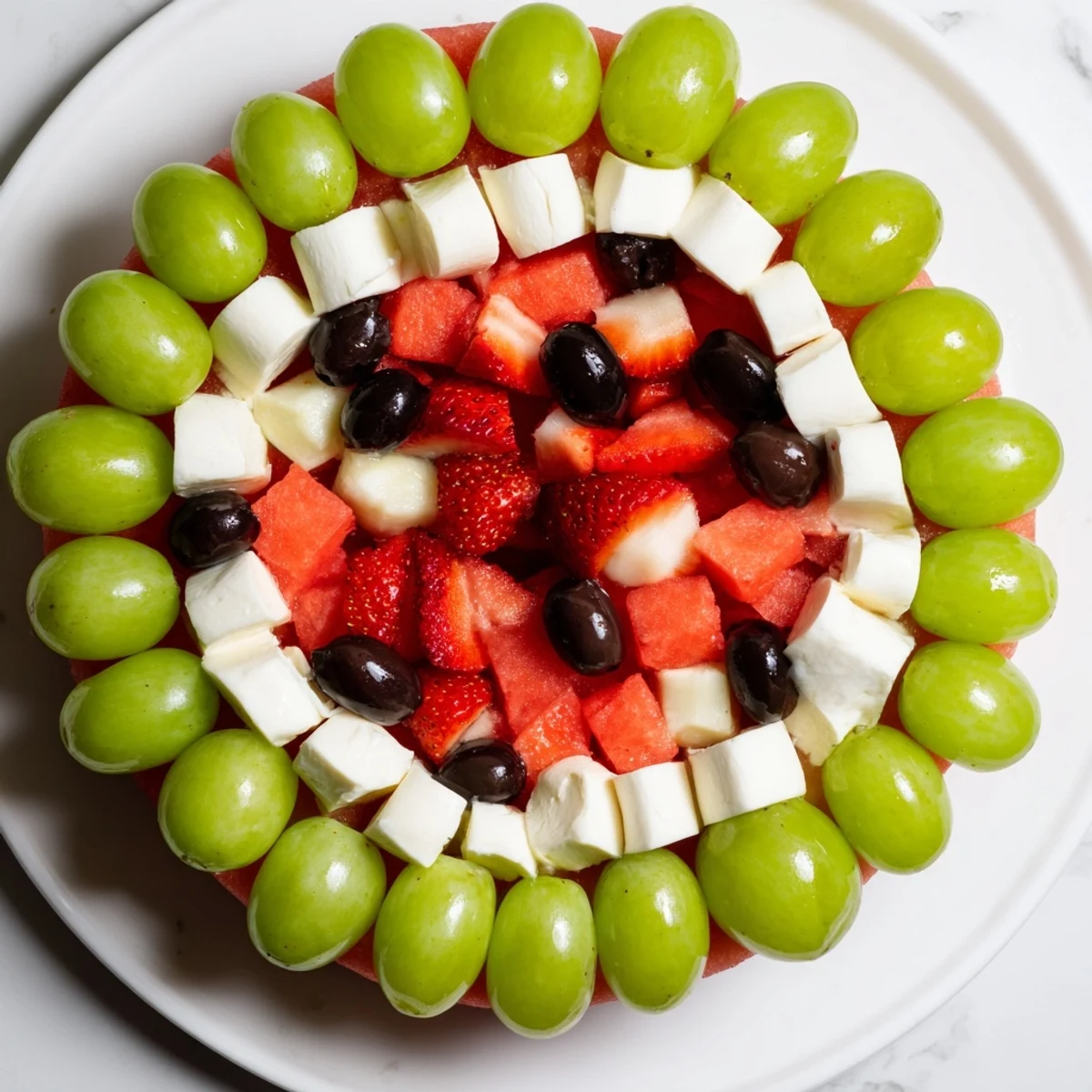 A platter of Summer Watermelon Slice: juicy watermelon with a creamy cheese layer and green olive rind.