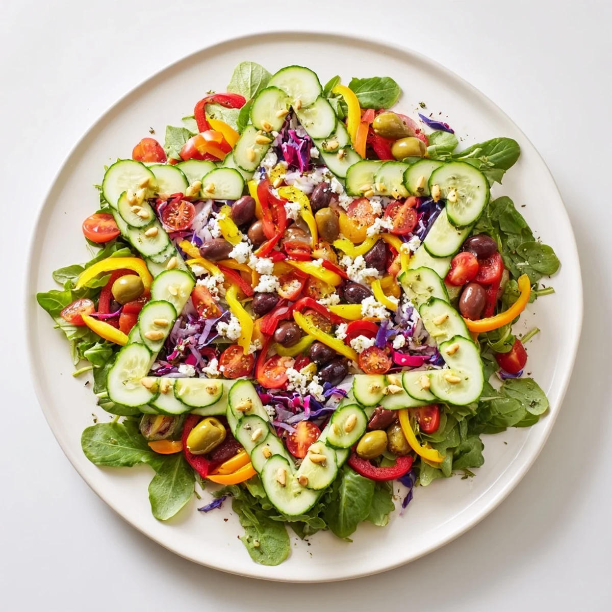A colorful Star of David Salad Platter with fresh vegetables arranged for Hanukkah dinner.