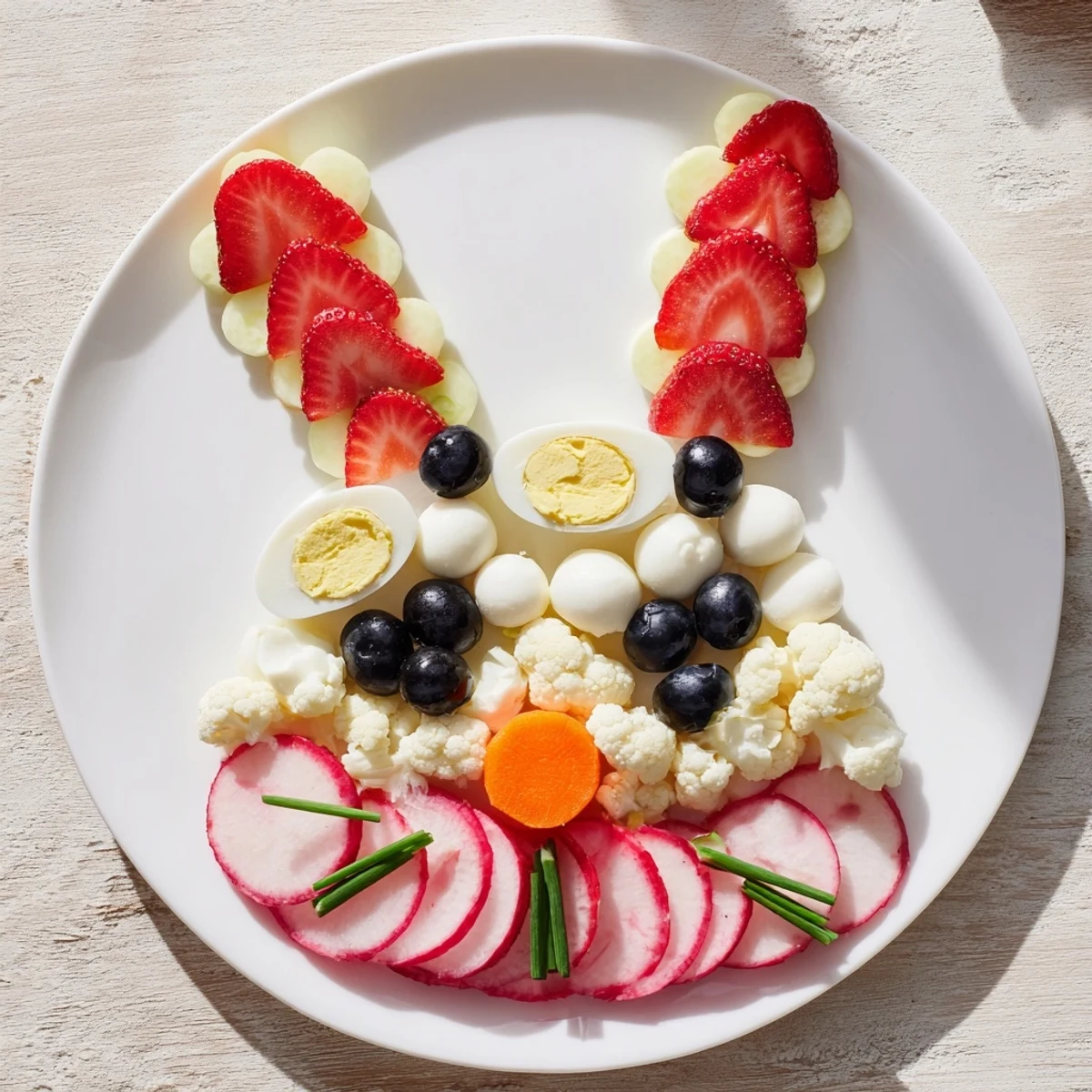 This Bunny Silhouette recipe features a creatively designed veggie platter with colorful fruits and vegetables.