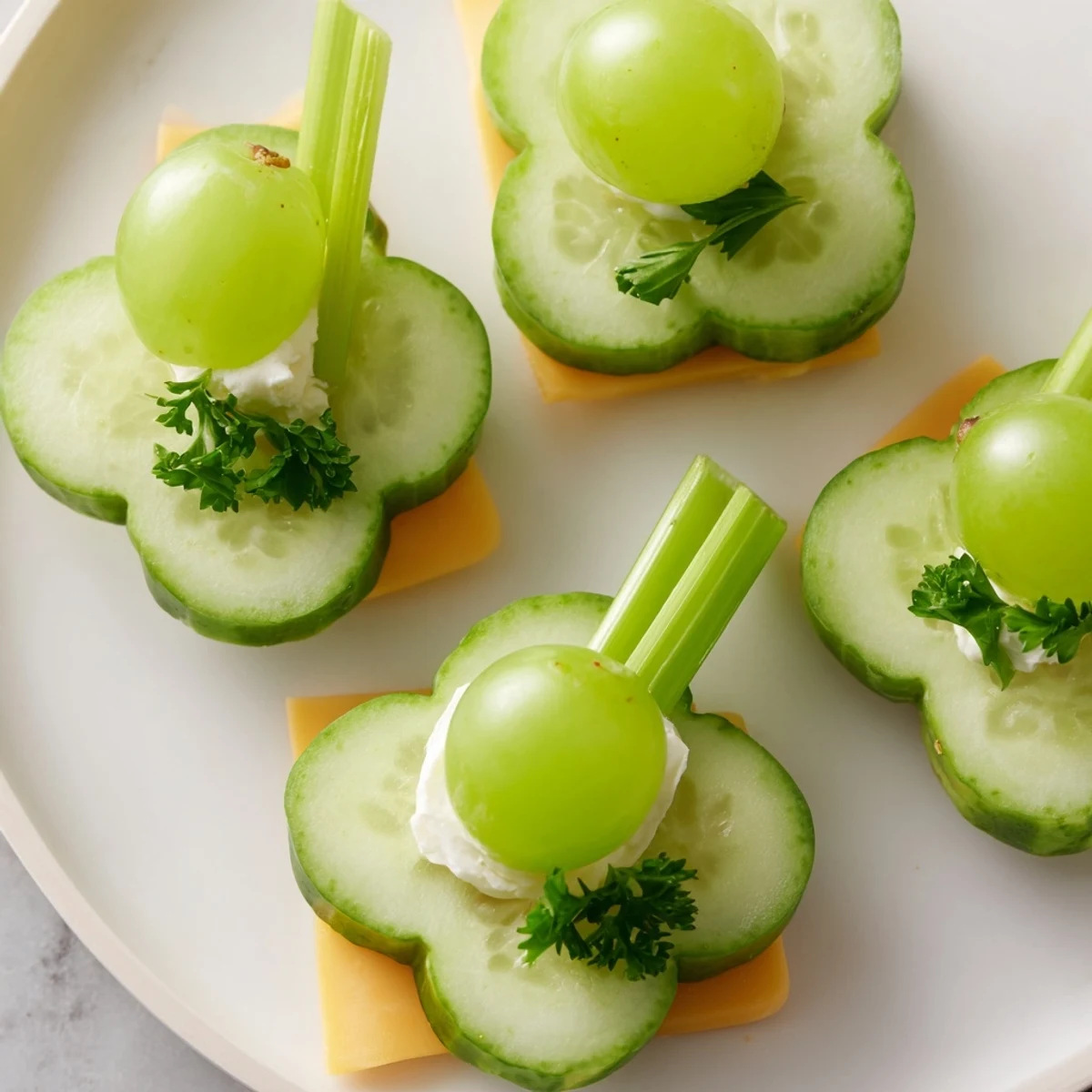 Freshly made Lucky Four-Leaf Clover Snack featuring cheese clovers, juicy grapes, and crunchy celery stems.
