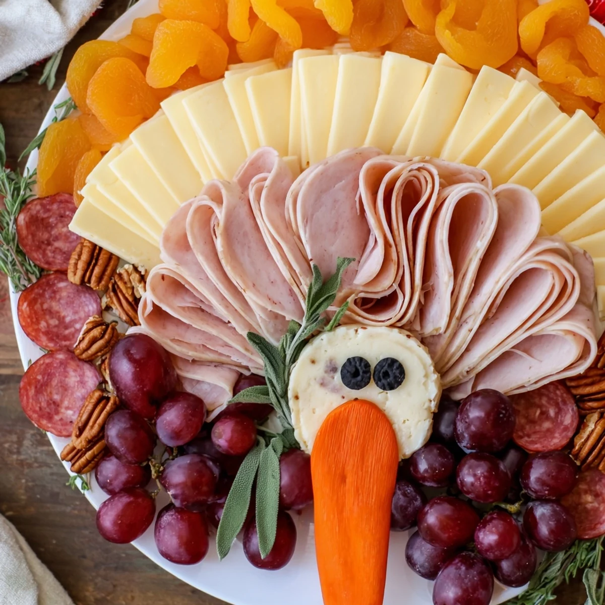 A beautifully arranged turkey tail charcuterie board featuring meats, cheeses, and crackers.