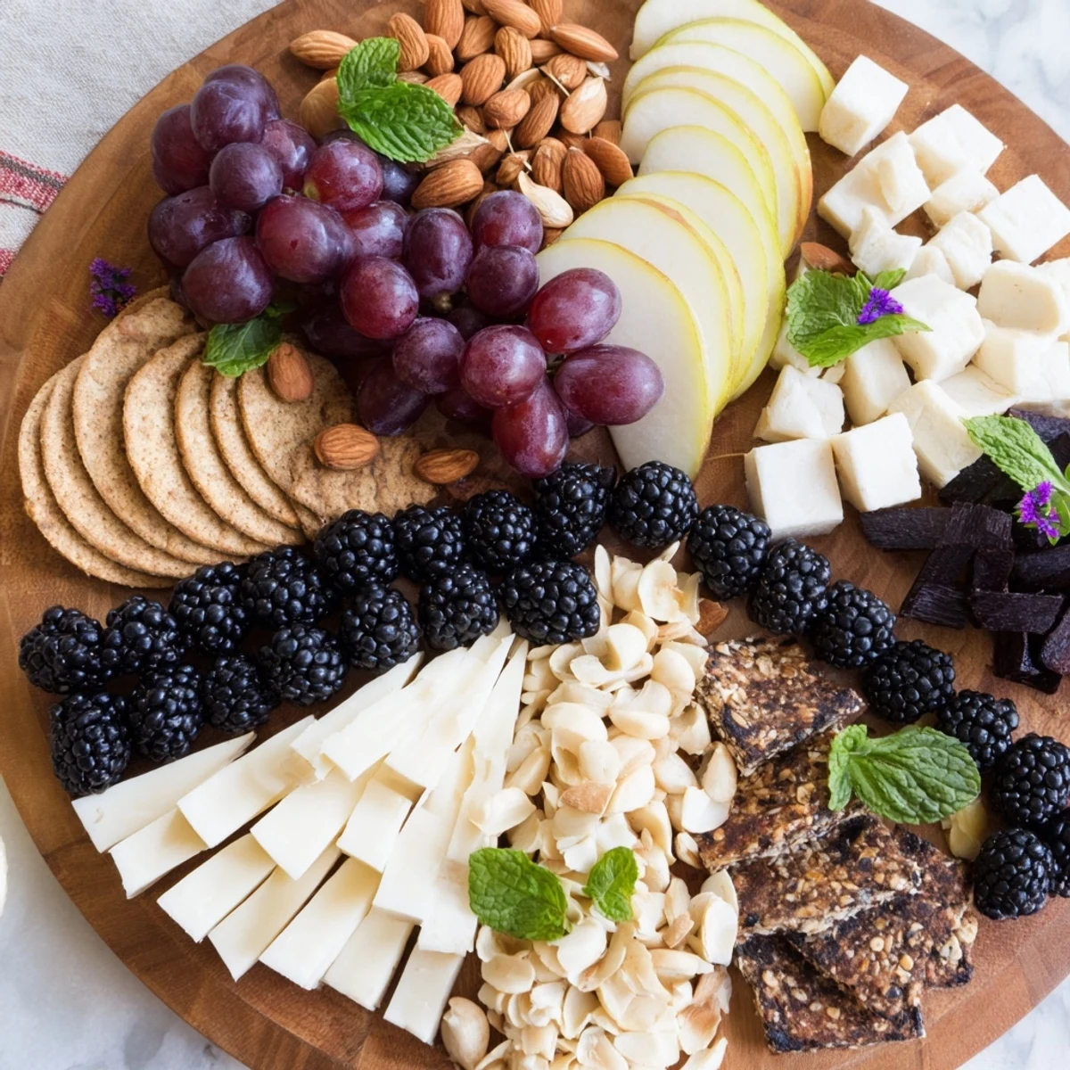 Vibrant Yin-Yang Balance appetizer board with blackberries dividing cheeses, fruits, and crackers into sections.