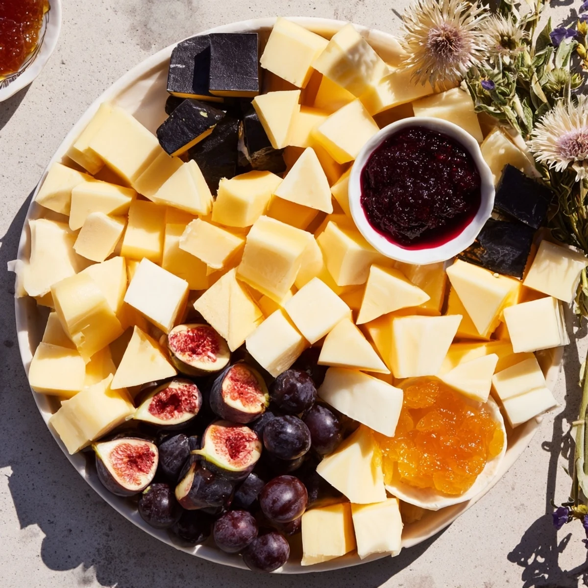 A beautifully arranged Ghostly Outline Halloween Charcuterie Board featuring dark cheeses and fruits.