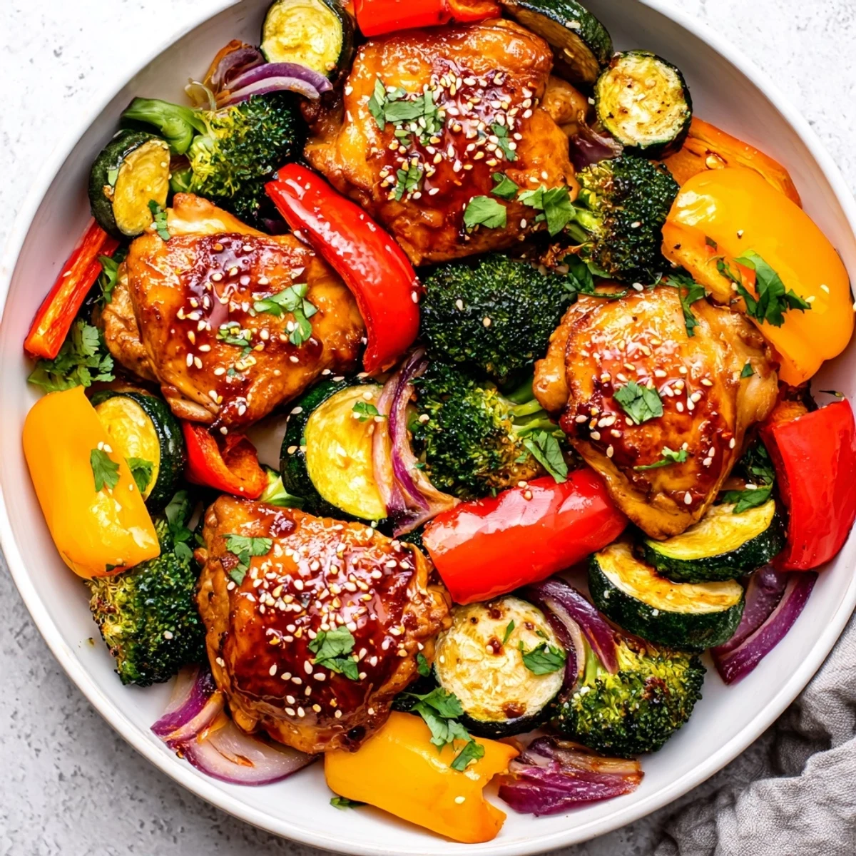 Vibrant Spicy Honey-Garlic Chicken Sheet Pan dinner with juicy chicken thighs and roasted bell peppers.