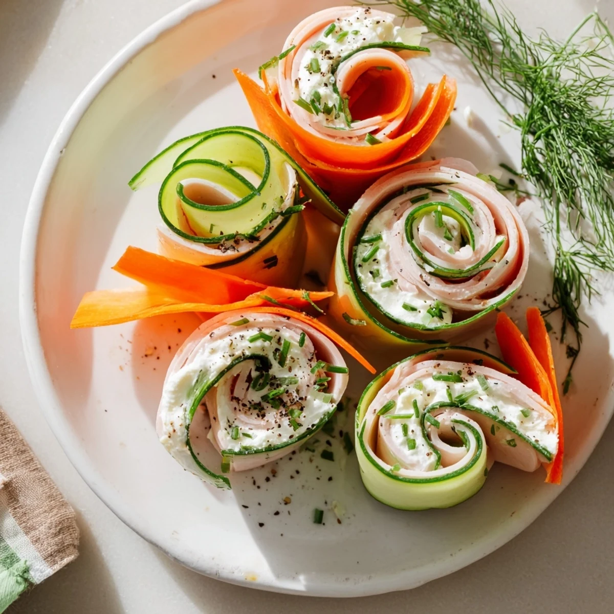 Ribbon Dancer appetizer: colorful carrot and cucumber ribbons elegantly wrapped around smoked turkey.