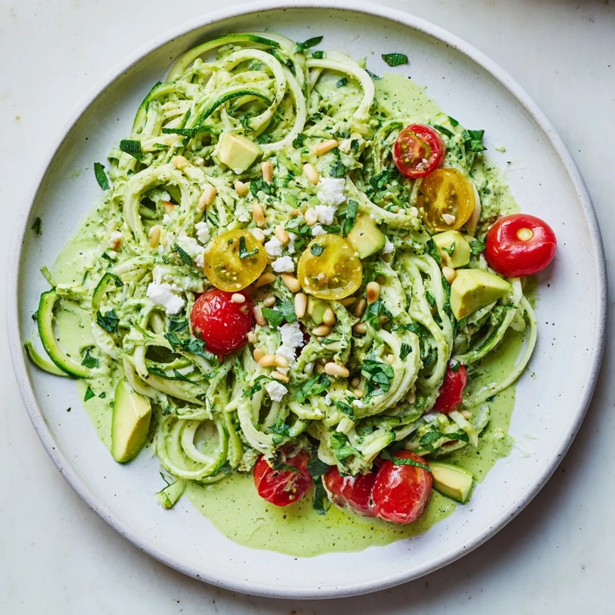 Bright green Green Goddess Zoodle Pasta, tossed in creamy sauce, with tomatoes and avocado.