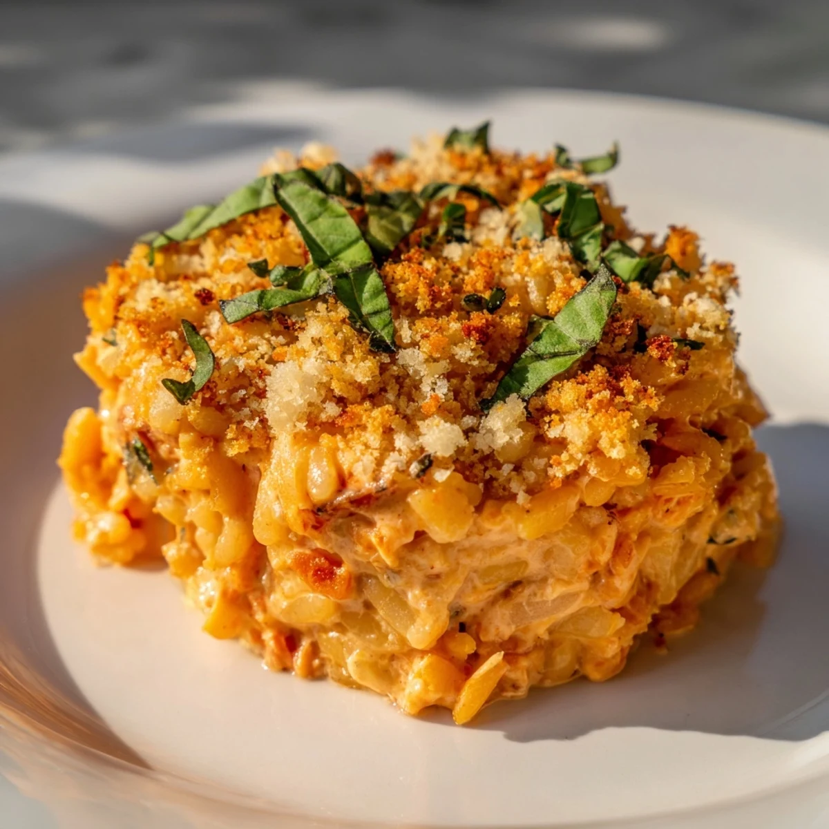 A close-up of Marry Me Chicken Sushi Bake Cups, featuring mozzarella and panko topping, fresh from the oven.