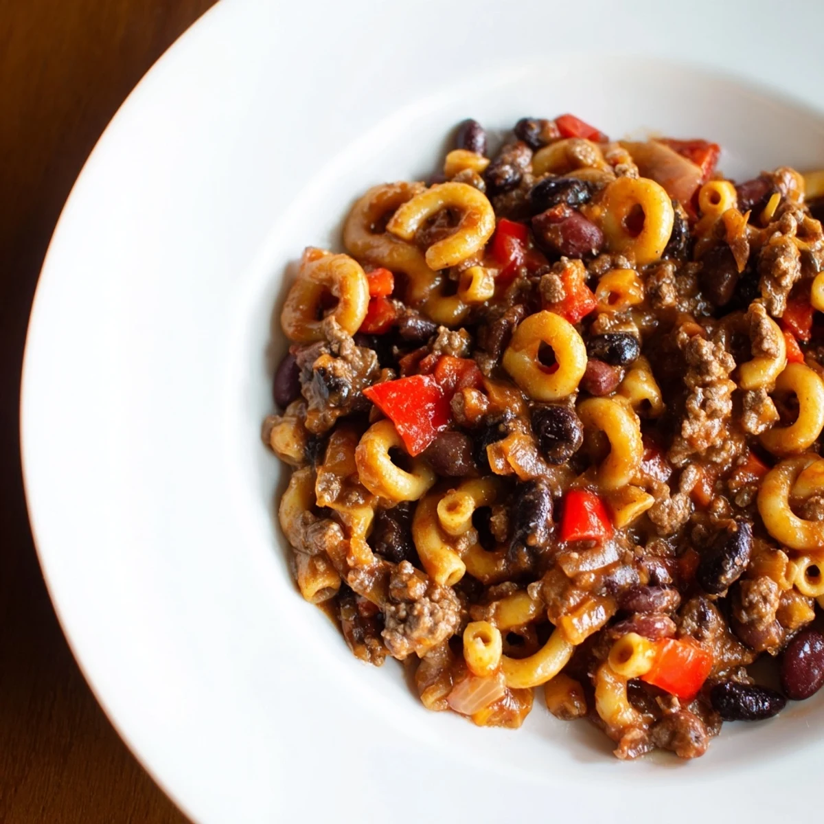 Rich, savory one-pot ditalini chili showcases dark chocolate with a delightful spicy flavor.