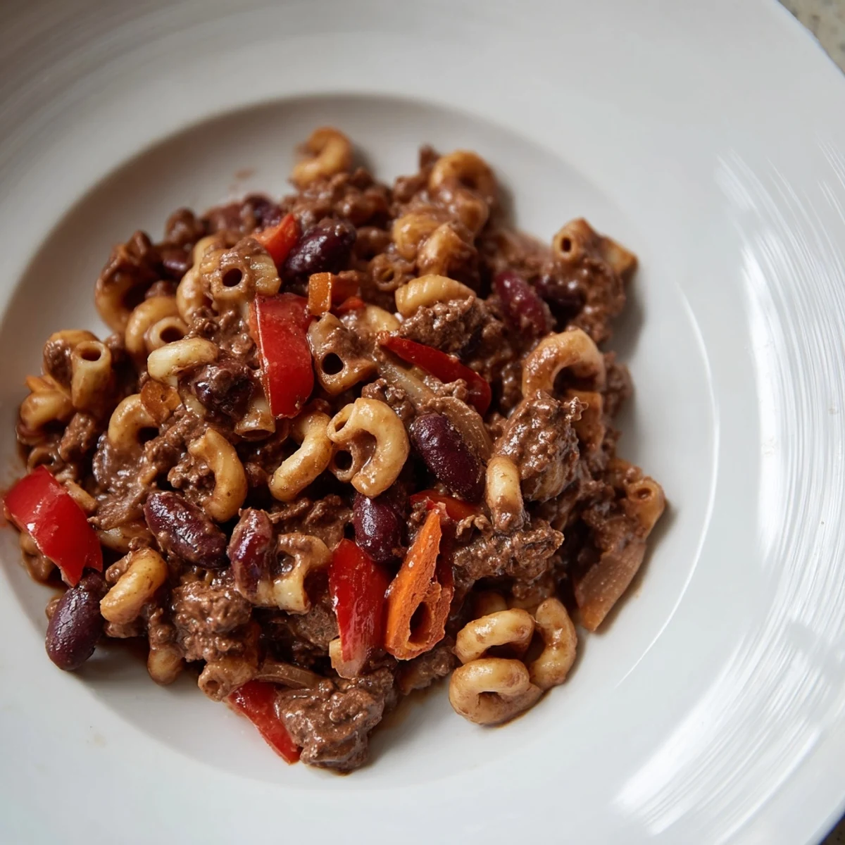 Steaming bowl of one-pot ditalini with hot cocoa chili, garnished with fresh cilantro and green onions.