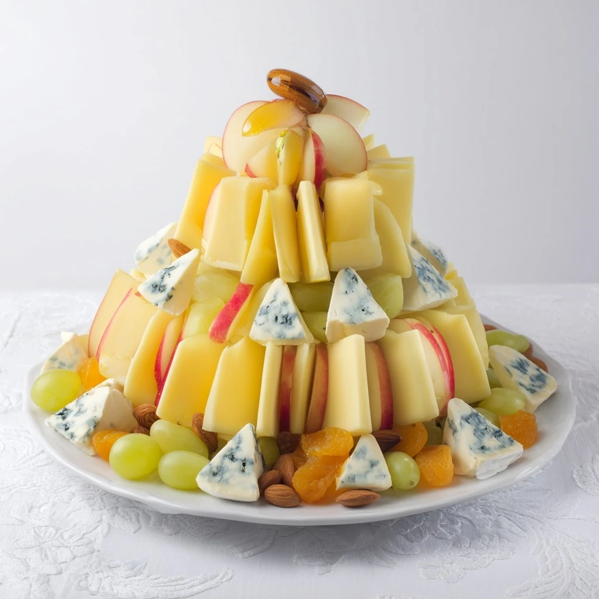 Art Deco Arch Cheese Platter with grapes, pears, and elegant cheese fans, ready to serve.