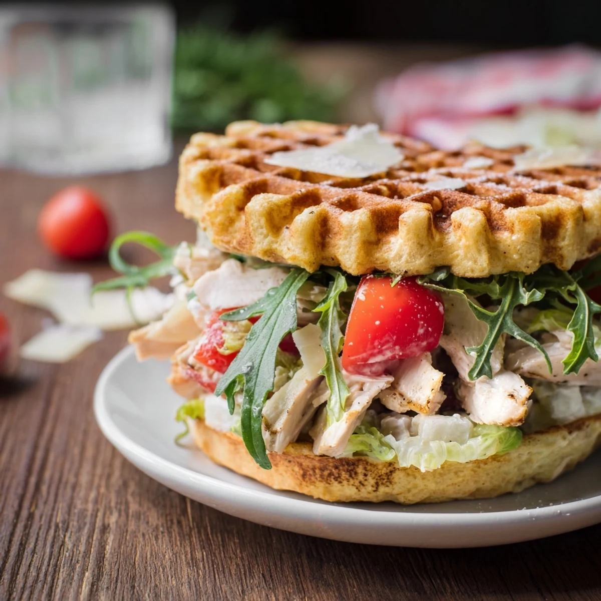 A close-up reveals the layers of a savory Chicken Caesar Waffle Sandwich, perfect for a flavorful lunch.