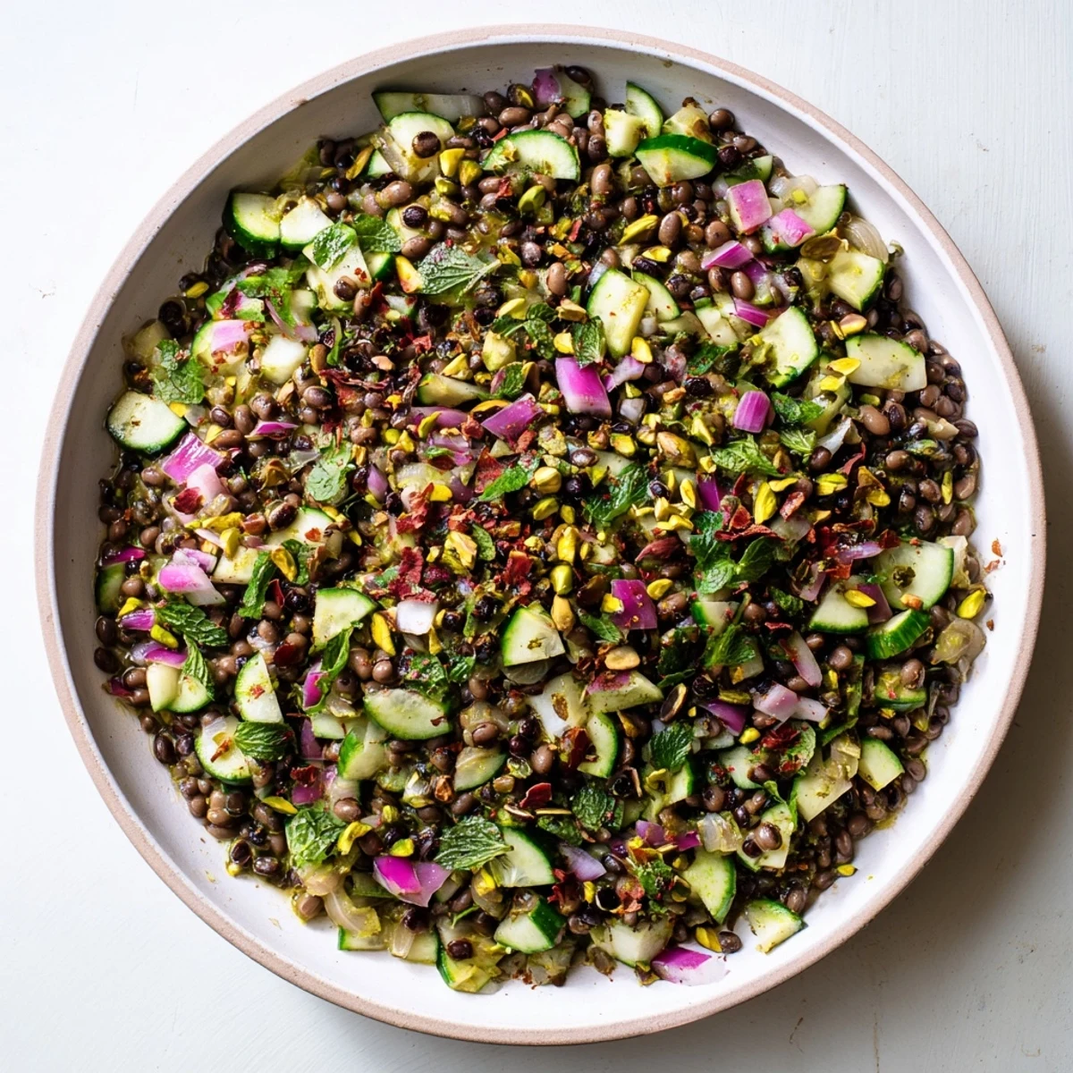 Hearty Dense Bean Salad with Dubai Chocolate Notes features colorful vegetables and a sweet, savory dressing.