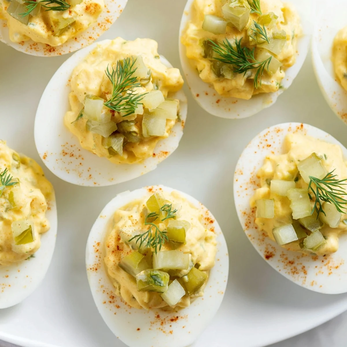 Tangy Dill Pickle Deviled Eggs served cold; a perfect party appetizer with fresh dill sprigs.