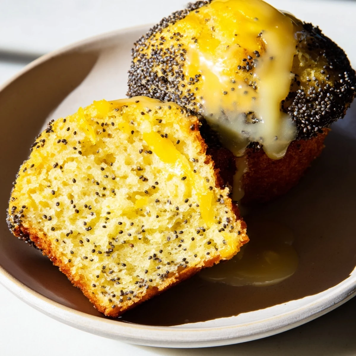 Golden-topped lemon poppy seed muffins, warm and comforting, ideal for a sweet breakfast or brunch treat.