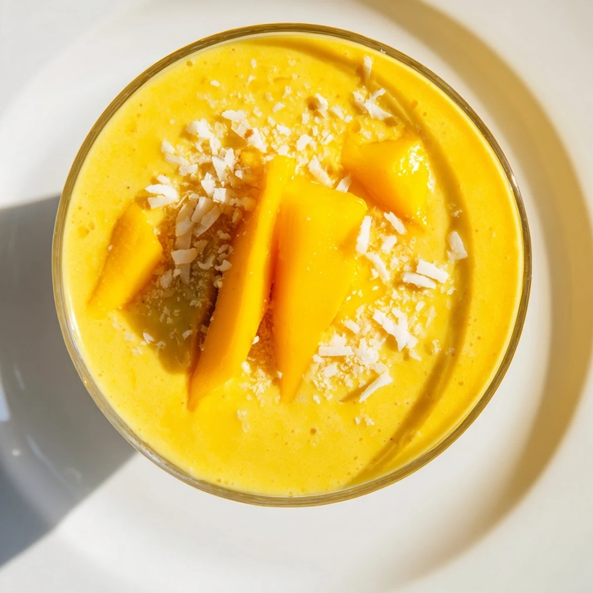 A close-up of a Mango Turmeric Smoothie, swirling with bright orange hues and fresh mango slices.