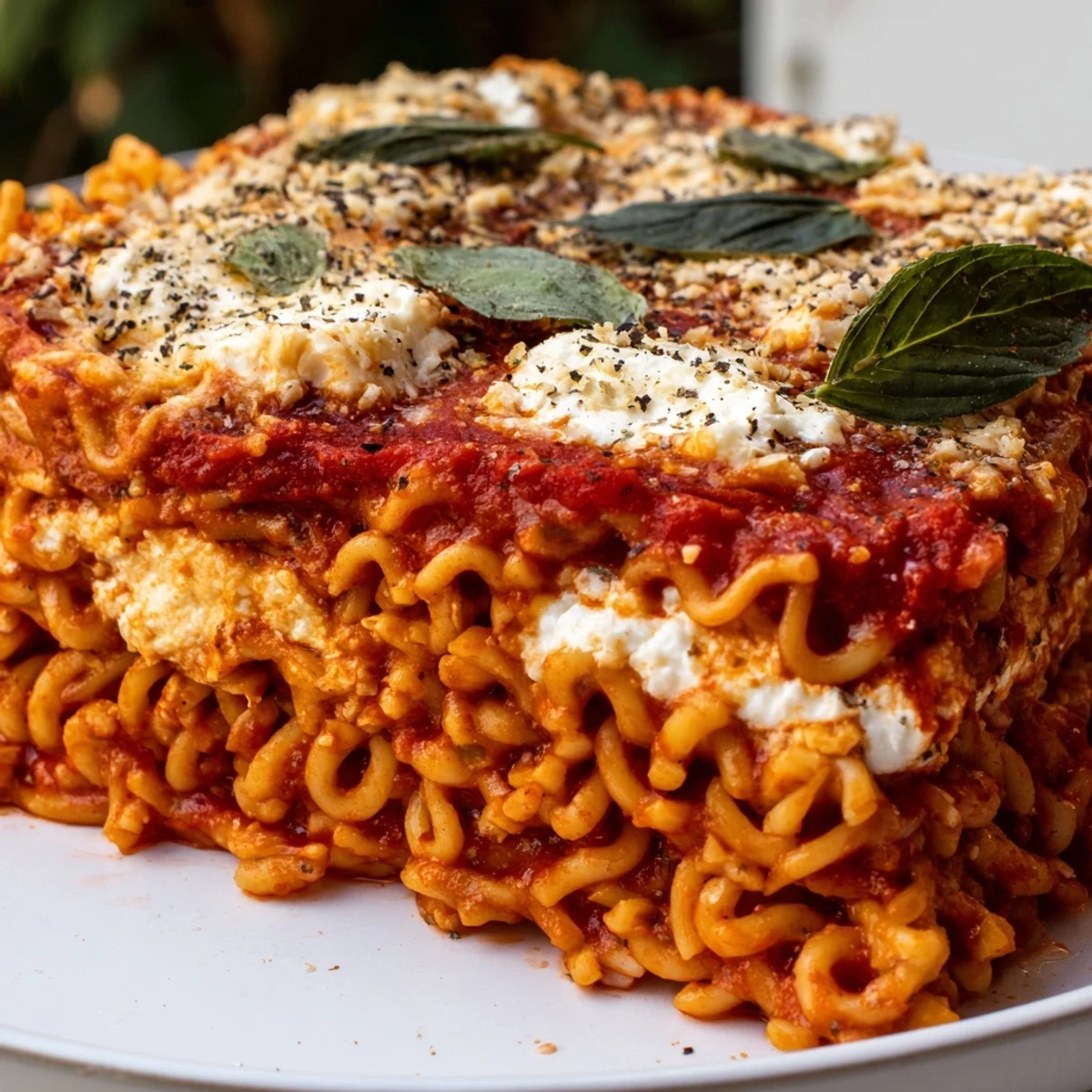 Ramen lasagna, a bubbly baked casserole, features melted mozzarella over chewy ramen noodles.