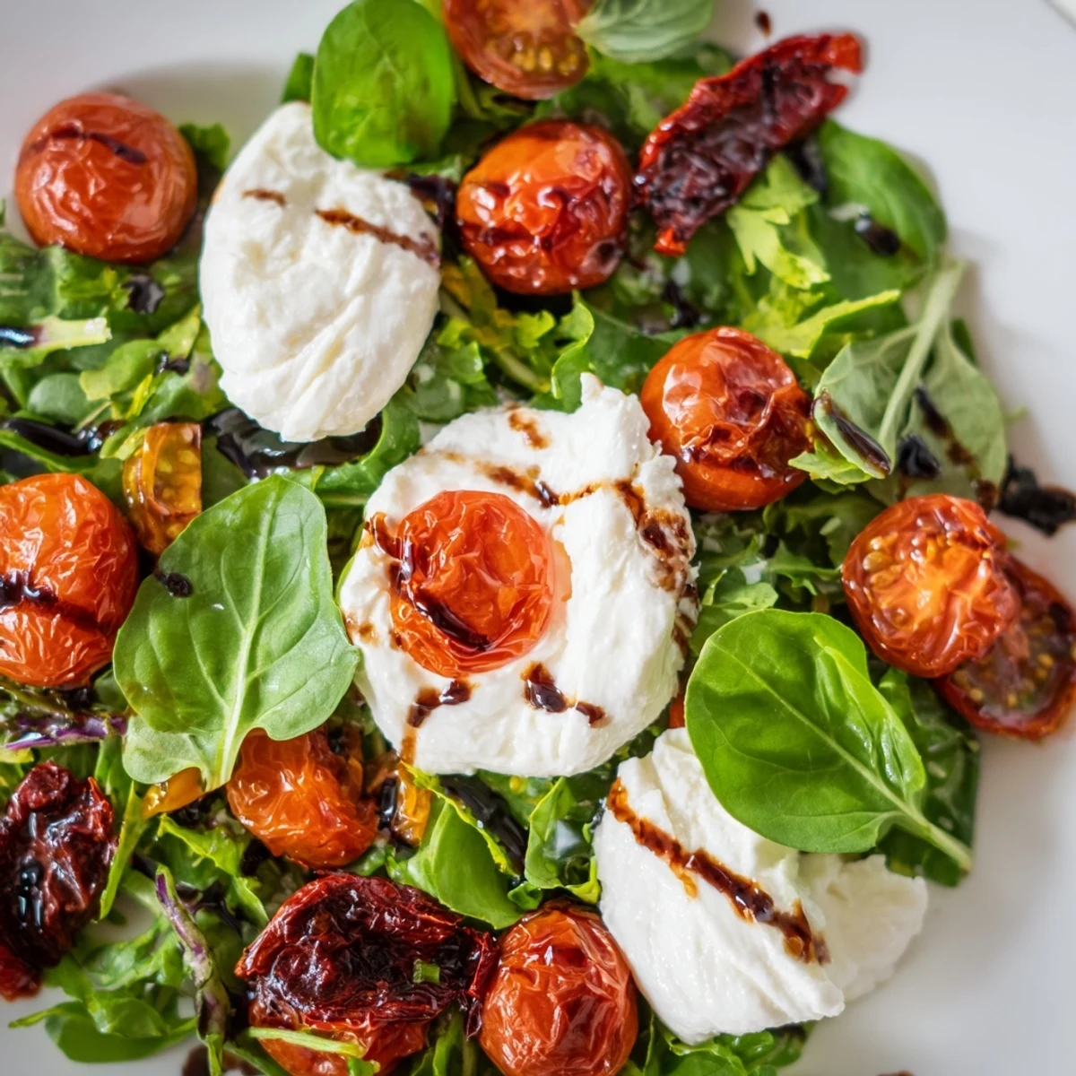 A delicious Tomato Flight Salad, with fresh basil and juicy tomatoes glistening with dressing.