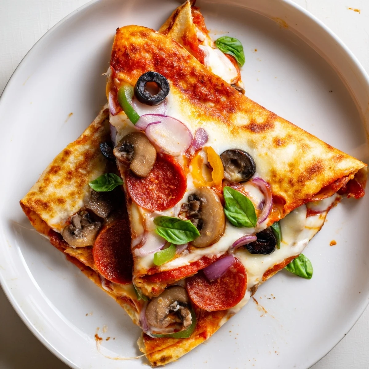 Golden brown tortilla pizza wrap with bubbling cheese and savory pepperoni toppings.