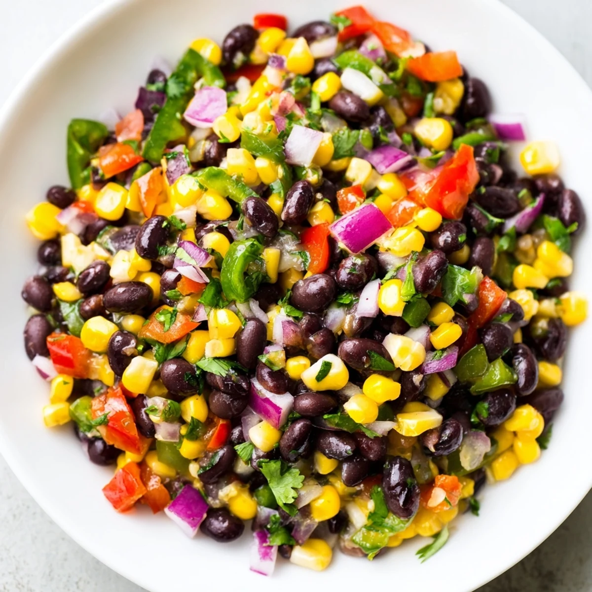 A colorful bowl of Cowboy Caviar Salad featuring black beans and sweet corn, ready to serve.