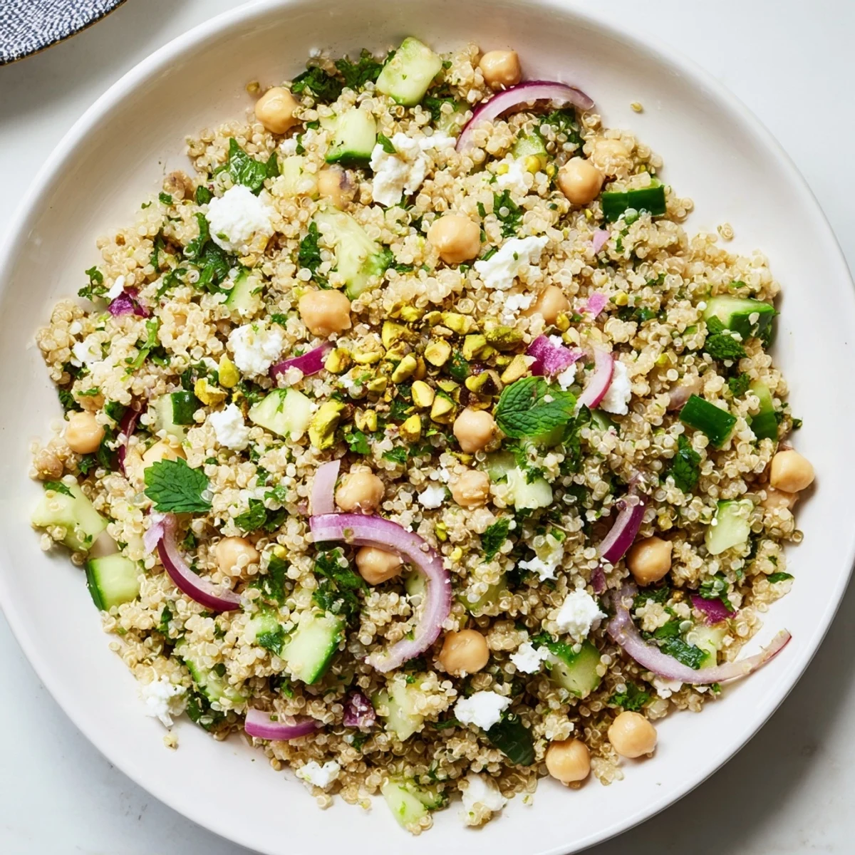 A colorful Jennifer Aniston Salad, full of chickpeas, feta, and fresh herbs, ready to be enjoyed.