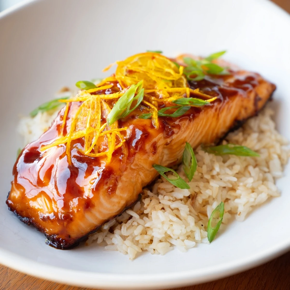Vibrant plate of Sticky Orange Salmon with Rice, gleaming with a sweet and savory glaze.