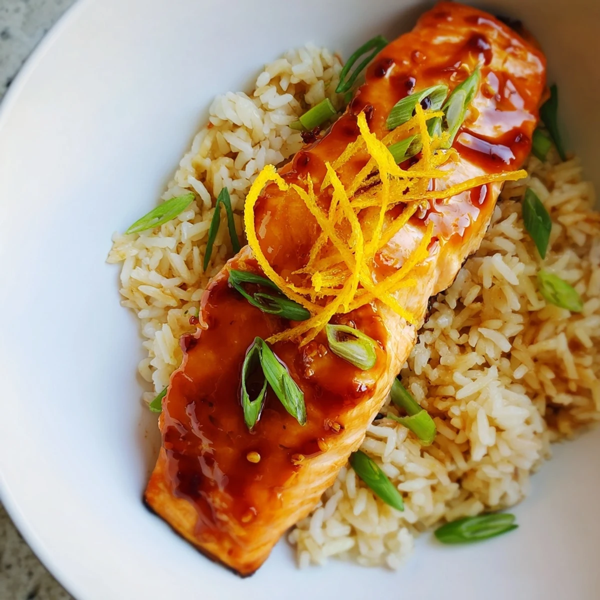 A close-up of delicious Sticky Orange Salmon, glistening and ready to eat, over a bed of rice.