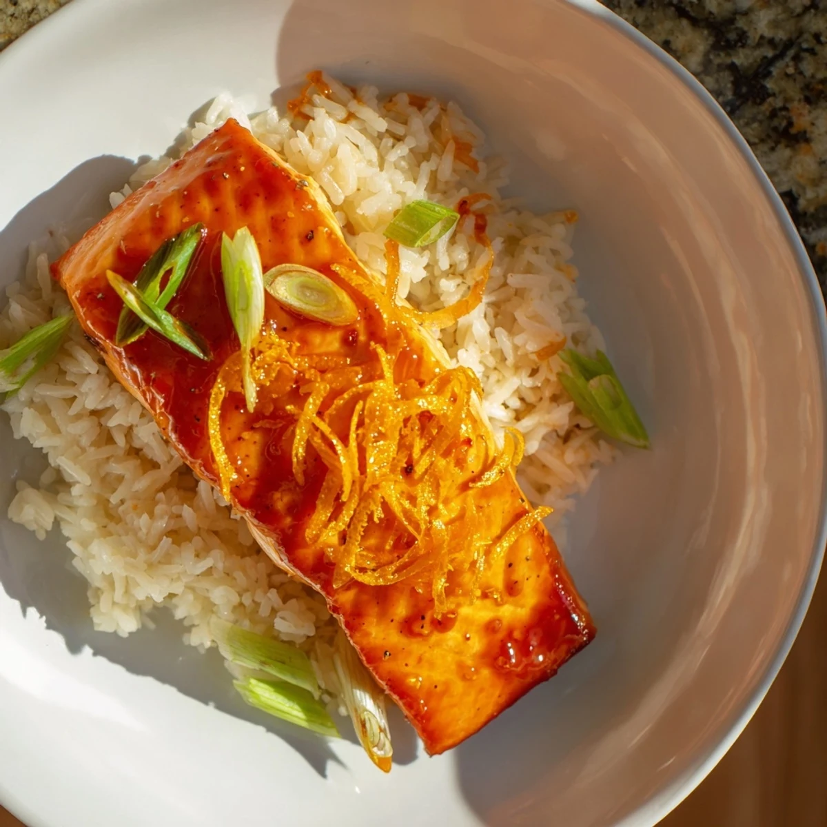 Flaky, caramelized Sticky Orange Salmon served atop steaming, fluffy rice with green scallions.