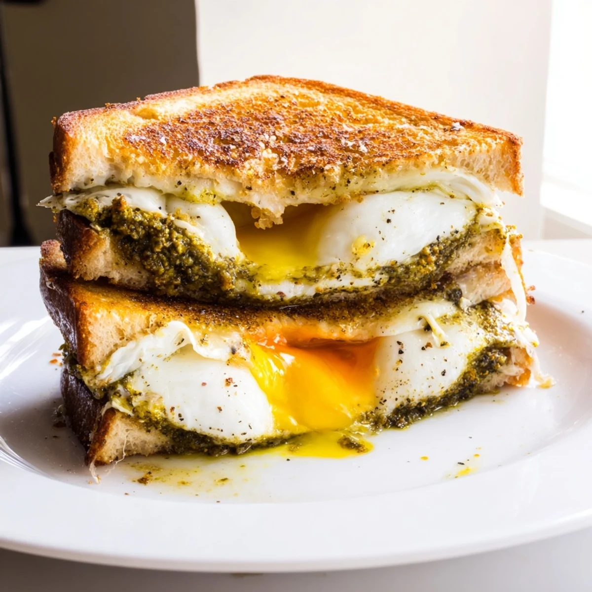 Buttery, toasted slices hold melty cheese and a fried pesto egg in this Pesto Egg Grilled Cheese.