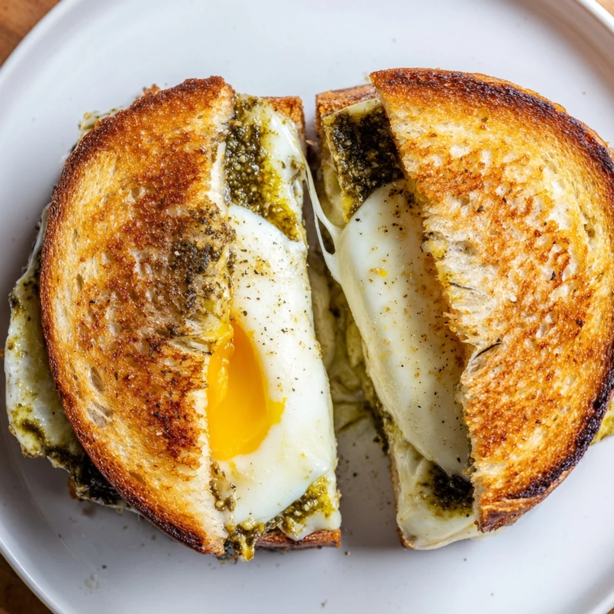 Savory Pesto Egg Grilled Cheese with bright green pesto and melted cheese, perfect for a quick meal.