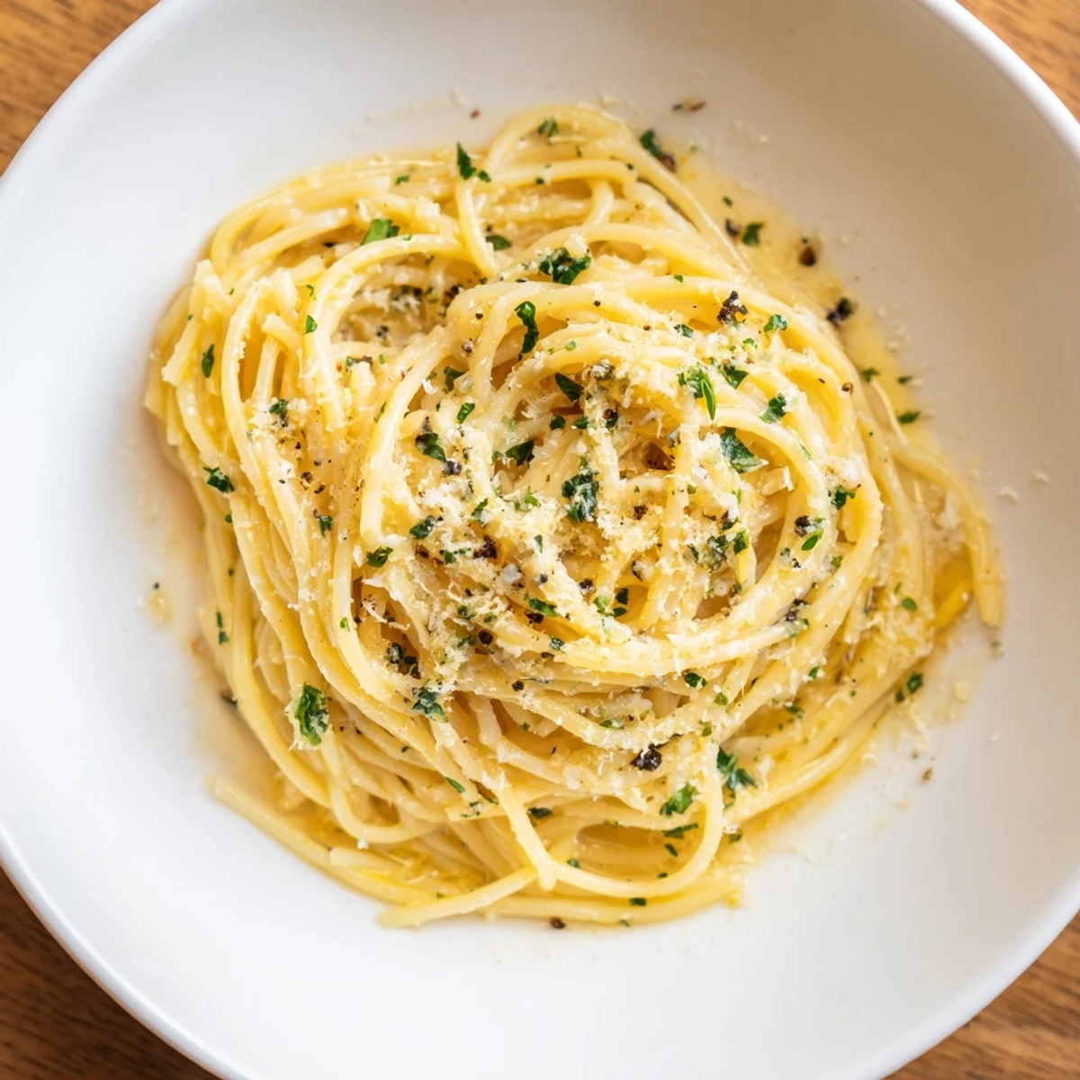 Lemon Capellini with fresh herbs, ready to serve, glistening with a bright lemon butter sauce.