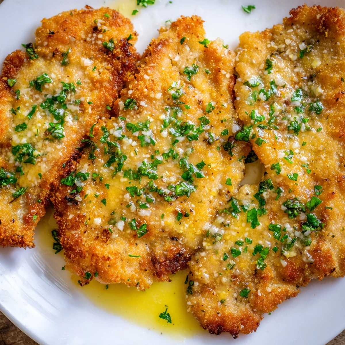 Golden crispy chicken breasts smothered in a rich garlic cream sauce, ready for a delicious meal.