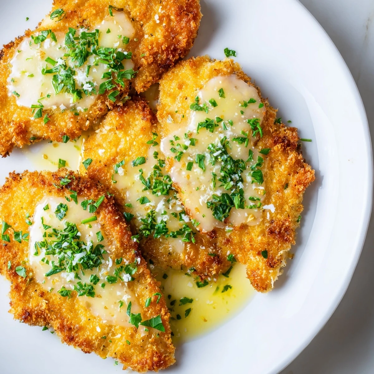 A close-up of Crispy Chicken with Garlic Cream Sauce; the creamy sauce drizzles over the chicken perfectly.