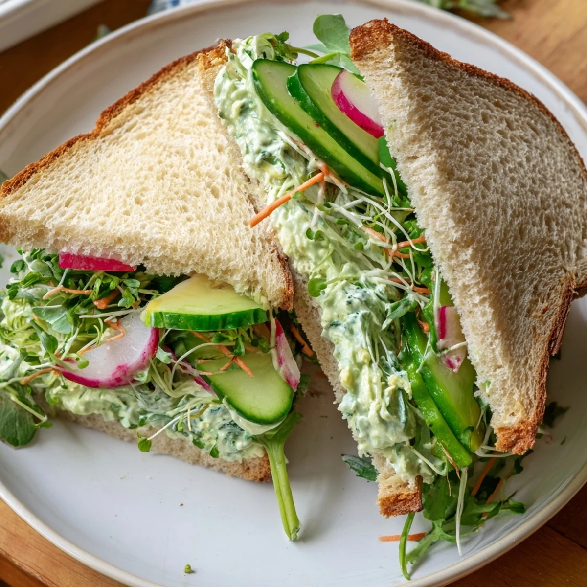 A close-up of a loaded Green Goddess Sandwich, showcasing vibrant veggies and creamy herb spread.