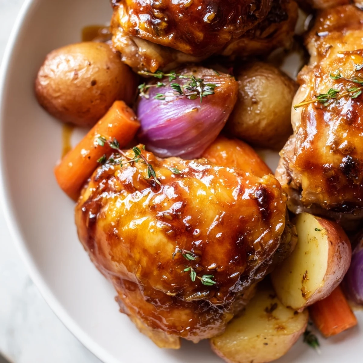 Golden-brown Maple Dijon Chicken Thighs with roasted vegetables, a delicious one-pan dinner.