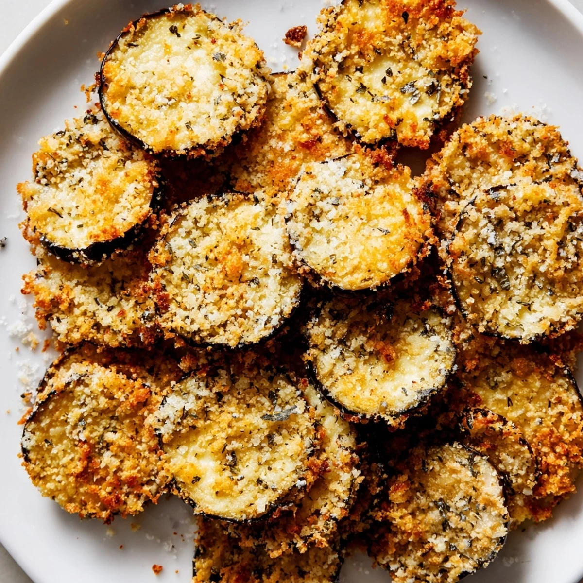 Golden, crispy Eggplant Parmesan Chips fresh from the oven, ready for dipping in marinara.