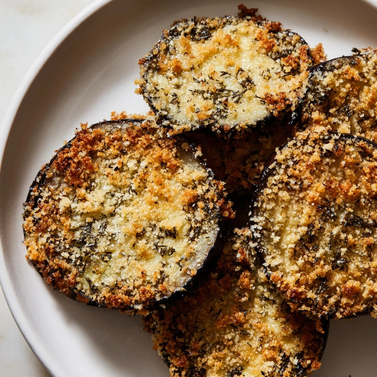 Close-up of golden-brown Eggplant Parmesan Chips, perfectly seasoned and offering a satisfying crunch.